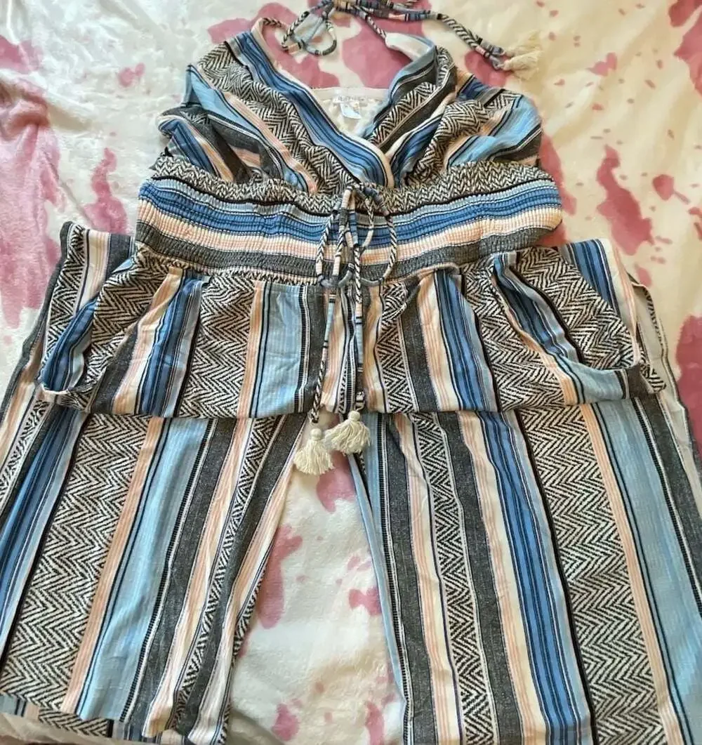 New 2XL Boho Fashion Striped Halter Neck Jumpsuit Tassel Tie Wide Culotte Legs